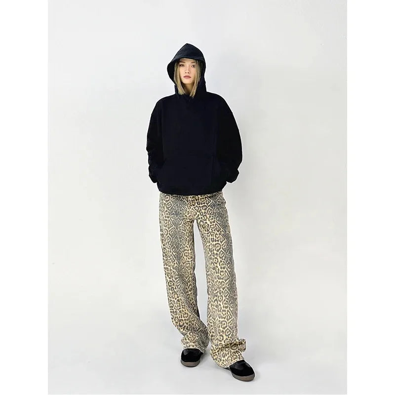 Vintage Leopard Print Jeans Women Spring Oversize Casual Hip Pop Wide Leg Trouser Trend High Waist Panther Denim Pants Ladies