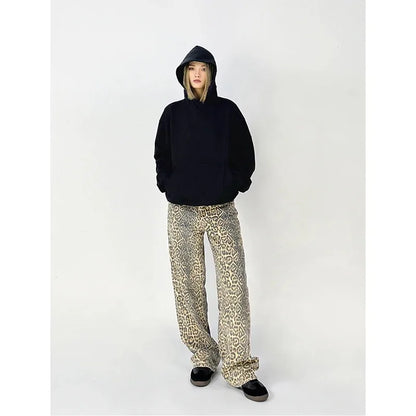 Vintage Leopard Print Jeans Women Spring Oversize Casual Hip Pop Wide Leg Trouser Trend High Waist Panther Denim Pants Ladies