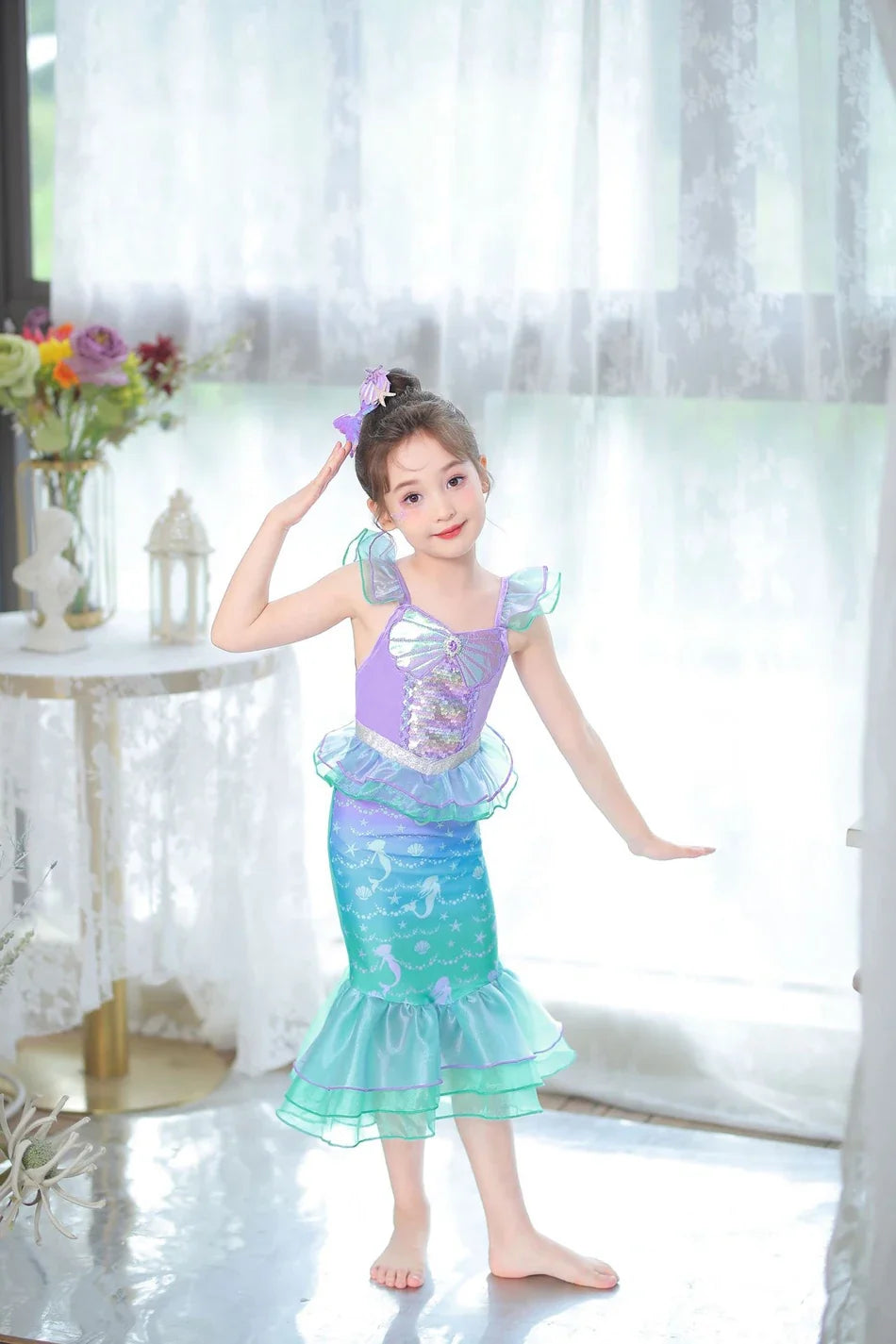 Halloween Costume Mermaid Dress Girl Ruffles Shell Fishtail Frocks Ariel Fantasy Luxury Princess Gown Children Fancy Fairy Dress