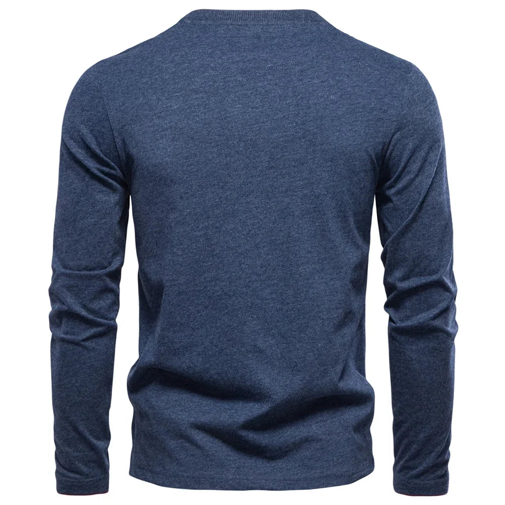 100% Cotton T-shirt Men Casual Solid Color Long Sleeve Sweater Autumn Fashion High Quality Henley Collar Mens T-shirts