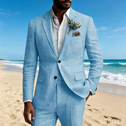 Beige Linen 2 Piece Men's Slim Fit Suit Notch Lapel Two Buttons Blazer And Pants Set for Groom Tuxedos Wedding Prom Beach Summer