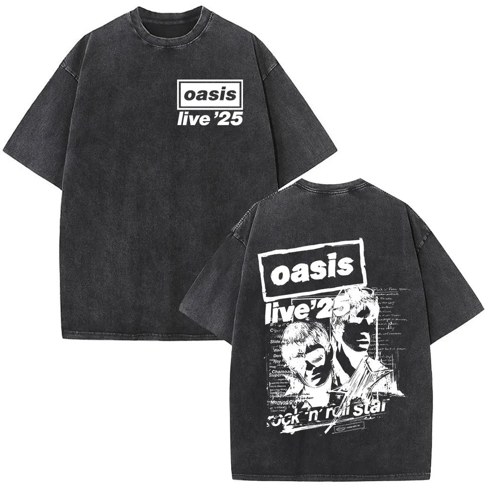 O-Oasis T-Shirts British Rock Band Vintage Washed T-shirt Men Women Clothing Cotton Casual Short Sleeve T Shirts Tops Streetwear