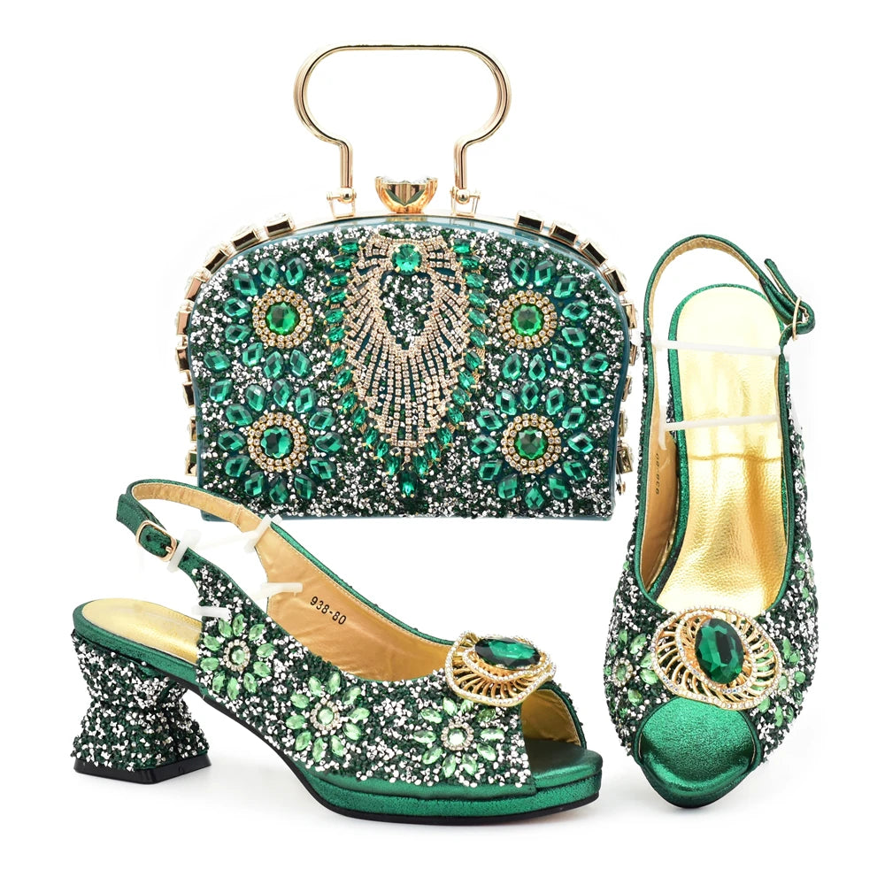 Italian Shoes and Bags Matching Set Decorated with Rhinestone Shoe and Matching Bag for Nigeria Party Wedges Shoes for Women