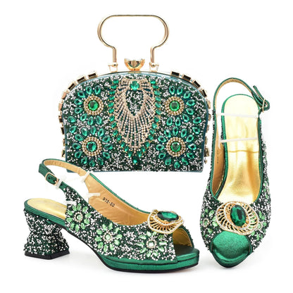 Italian Shoes and Bags Matching Set Decorated with Rhinestone Shoe and Matching Bag for Nigeria Party Wedges Shoes for Women