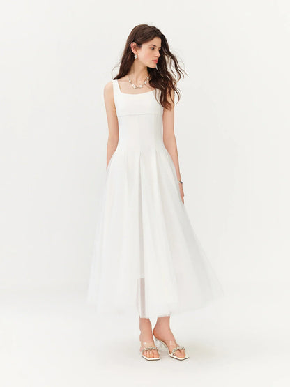 2026 Summer Women‘s Square Neck Tulle A-Line Maxi Dress Vest Collar Flowy Long Dress for Romantic Coquette Summer Style