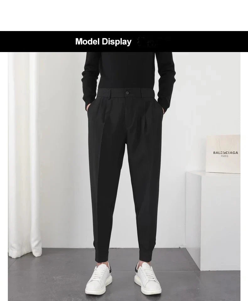 Fashion Men Casual Pants Elastic Waist Small Feet Slim Korean Style Pleated Tapered Male Blazer Pants Trousers Streetwear