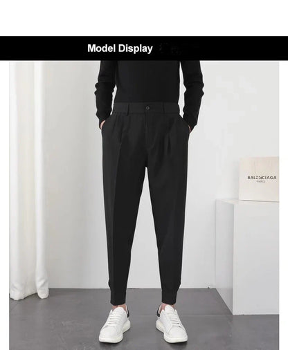Fashion Men Casual Pants Elastic Waist Small Feet Slim Korean Style Pleated Tapered Male Blazer Pants Trousers Streetwear