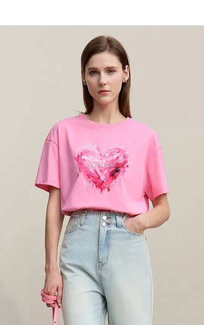 Woman T-shirts 2026 Summer Anti-Bacterial Loose Fit Round Neck Tee Heart Print Cotton Casual Knit Short Sleeve Top 12622026
