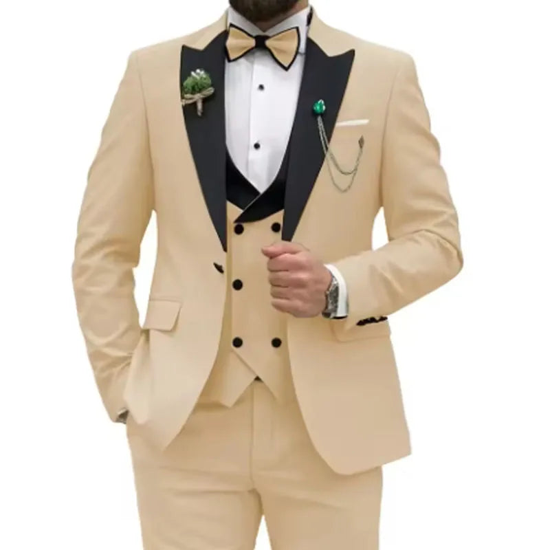 Slim Fit Men Suits Double Breasted Groom Formal Business Male Blazer Set Peak Lapel Party Wedding Tuxedo (Jacket+Vest+Pants)