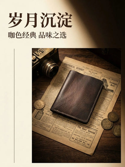 Ultra-Durable Men's Leather Short Wallet, Scratch-Resistant Hand-Rubbed Top Grain Leather Card Holder, Minimalist Travel Wallet