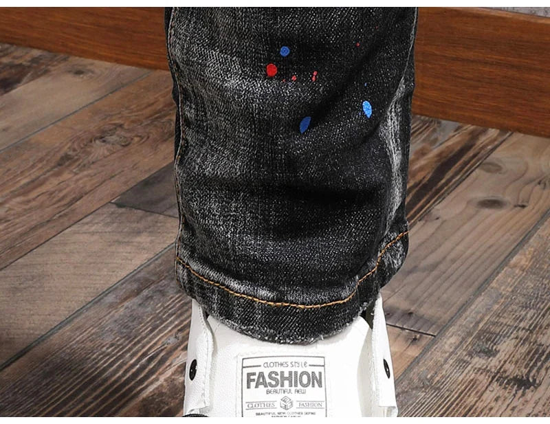 Fashion Streetwear Men Jeans Retro Black Blue Elastic Slim Fit Ripped Jeans Men Spliced Designer Embroidery Hip Hop Denim Pants