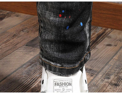 Fashion Streetwear Men Jeans Retro Black Blue Elastic Slim Fit Ripped Jeans Men Spliced Designer Embroidery Hip Hop Denim Pants