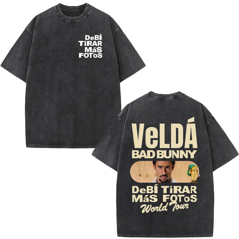 Rapper Bad Bunny Washed Vintage T-shirt Debi Tirar Mas Fotos DTMF World Tour T Shirts Men's Fashion Hip Hop T-shirts Streetwear