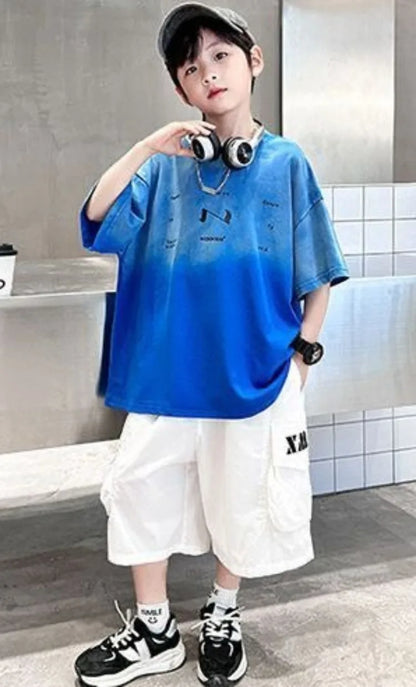 2026 New Boys Cotton T-Shirt Trendy Gradient Design for Big Kids Stylish Cool Summer Casual Wear
