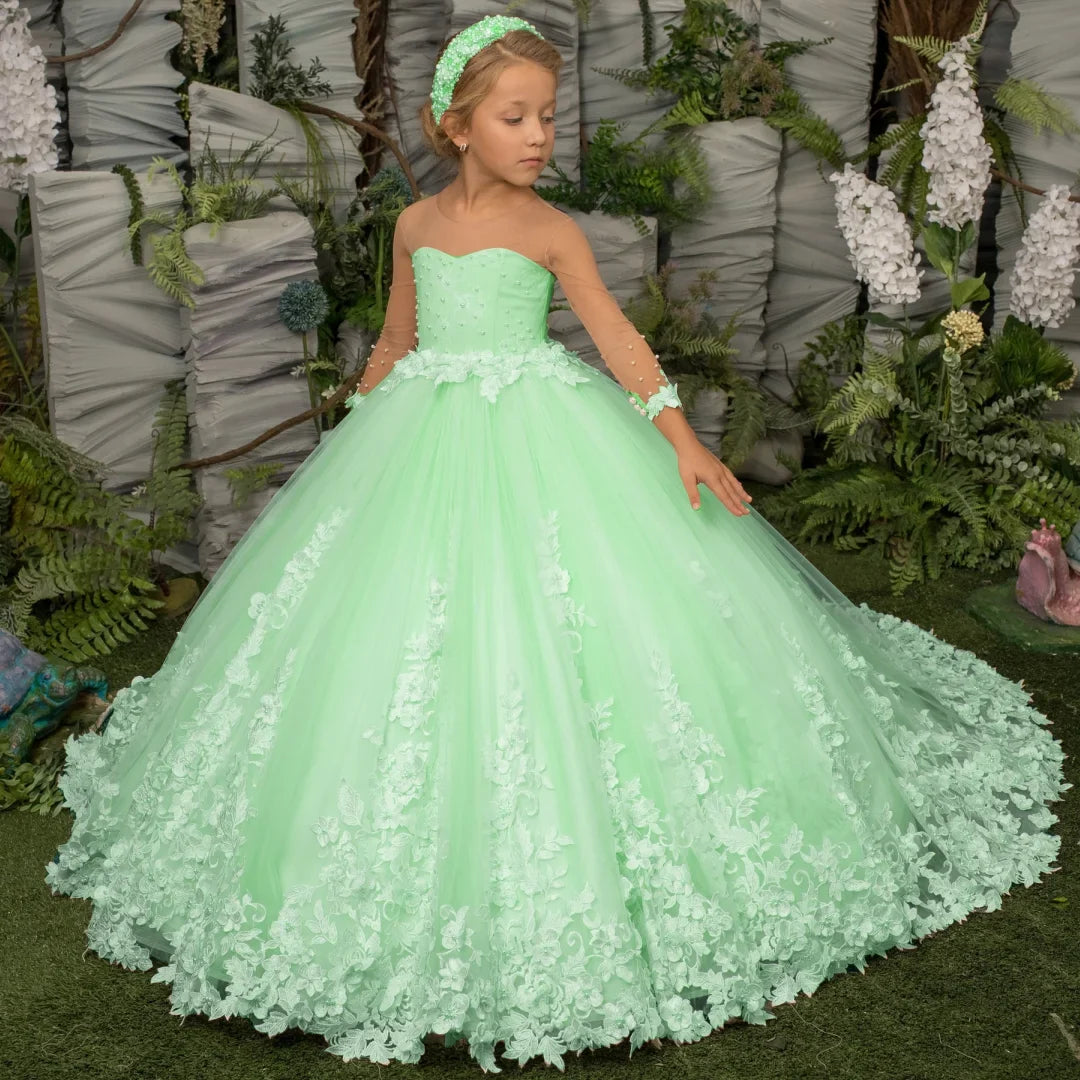 Customized Flower Girl Dress Light Champagne Pearls Floral Appliques Long Sleeve For Wedding Birthday Prom Holy Communion Gown