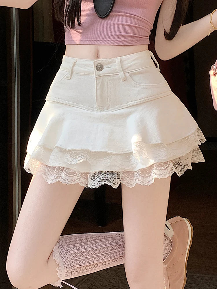 2025 Summer Mini Y2K Denim Skirt Women Fashion Streetwear Ruffles Kawaii Lace Skirts Shorts Preppy School Pleated Jeans Skirt