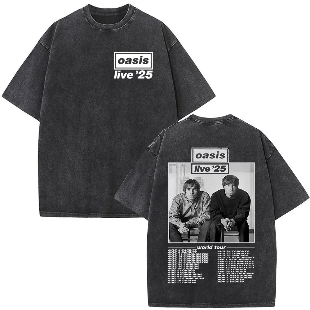 O-Oasis T-Shirts British Rock Band Vintage Washed T-shirt Men Women Clothing Cotton Casual Short Sleeve T Shirts Tops Streetwear