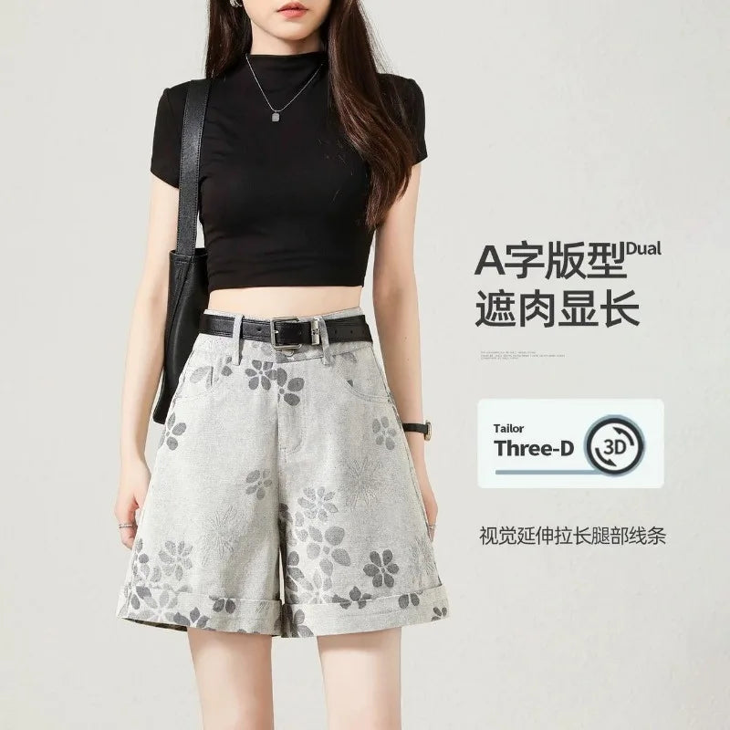 High Waist Floral Print Denim Shorts Women Roll Hem A Line Wide Leg Four Point Pants Summer