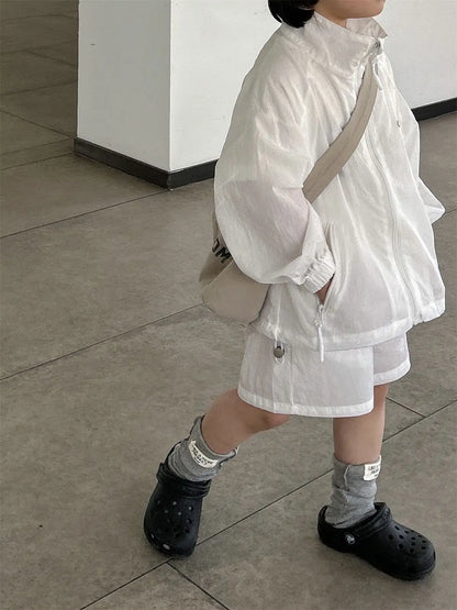 Korean Boy Girl White Clothing Set 2026 kid Summer Fashion Sunscreen Lightweight Long Sleeved Zippered Jacket + Shorts 2pcs Suit