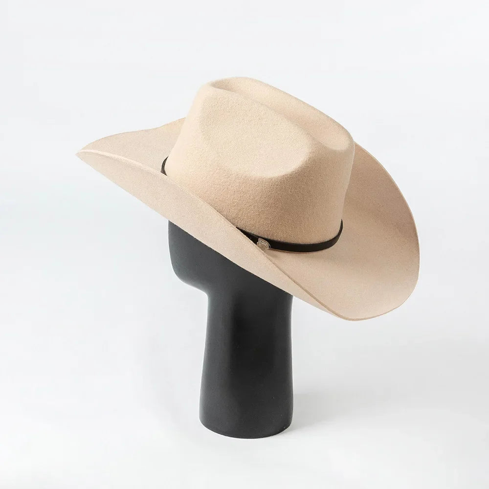 New Autumn Winter Women Fedoras with Belt Buckle Wide Brim Rolled Wool Cowboy Hat M L Size Obtainable