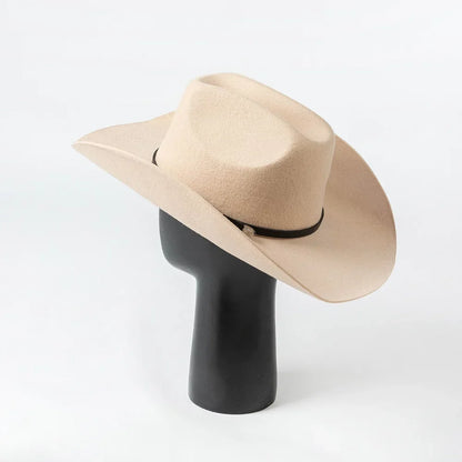 New Autumn Winter Women Fedoras with Belt Buckle Wide Brim Rolled Wool Cowboy Hat M L Size Obtainable