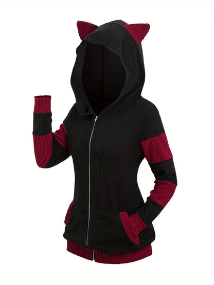 2024 European and American fashion women's new thick cat ears in autumn and winter long color matching hooded sweater coat