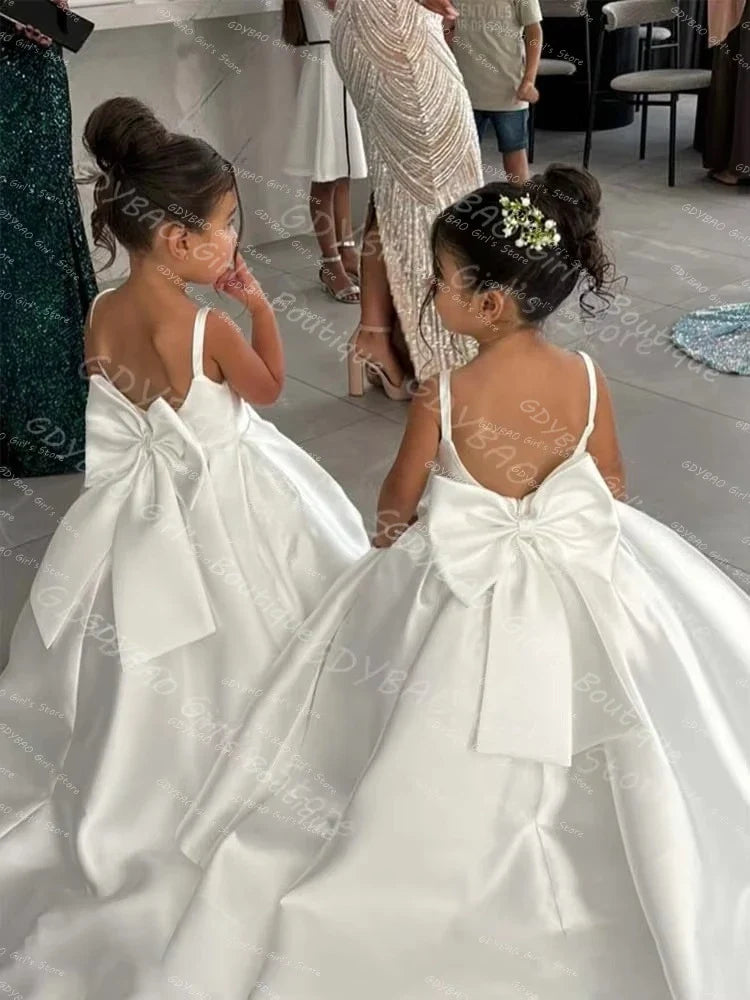 Simple Satin First Communion Dress With Bow Spaghetti Strap Backless Flower Girl Dress for Wedding 2-14 Kids Birthday Party Gown
