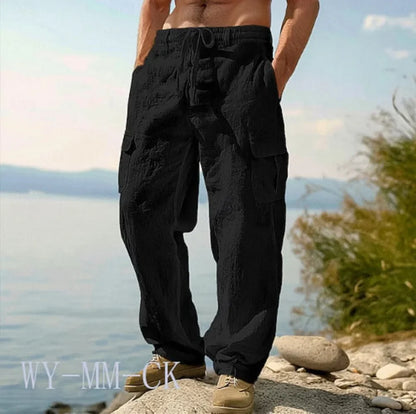 European And American Men's Cotton And Linen Trousers Multi-pocket Work Pants Loose Straight Sportswear And Casual Trousers