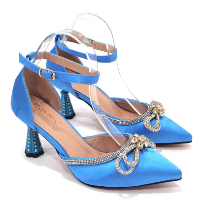 2023 Ladies Pointed-Toe Party High Heels Magenta Colour Bow Rhinestone Stereo Bag Evening  African Wedding Shoe And Bag Set