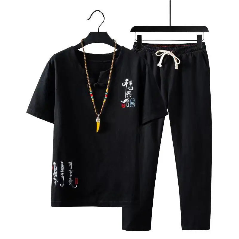(Shirt + trousers) 2025 summer Chinese Style men shirt Cotton and linen shirts men's High quality casual shirts Two Piece M-5XL