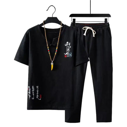 (Shirt + trousers) 2025 summer Chinese Style men shirt Cotton and linen shirts men's High quality casual shirts Two Piece M-5XL
