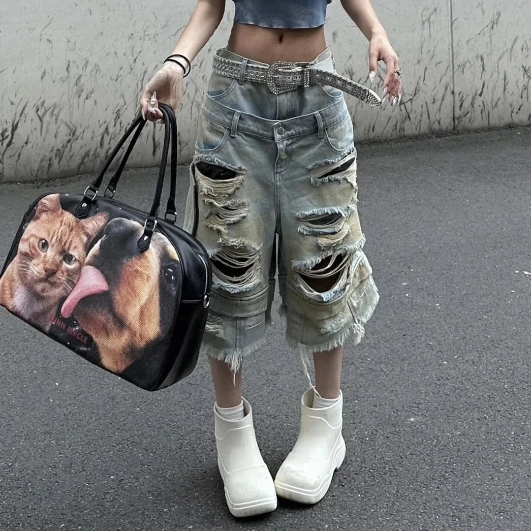 Women Y2k Ripped Jeans Harajuku Wasteland Style Baggy Denim Trouser Vintage Boyfriend Oversize Jean Pants Japanese 2000s Clothes