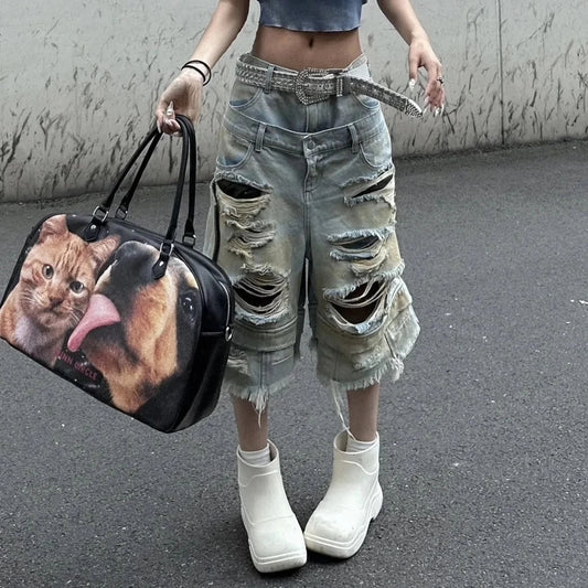 Women Y2k Ripped Jeans Harajuku Wasteland Style Baggy Denim Trouser Vintage Boyfriend Oversize Jean Pants Japanese 2000s Clothes