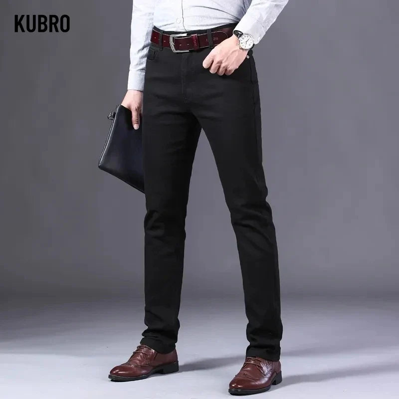 Brand Classic Style Men's Wine Red Jeans Fashion Business Casual Straight Denim Stretch Trousers Male Denim Pants Korean reviews