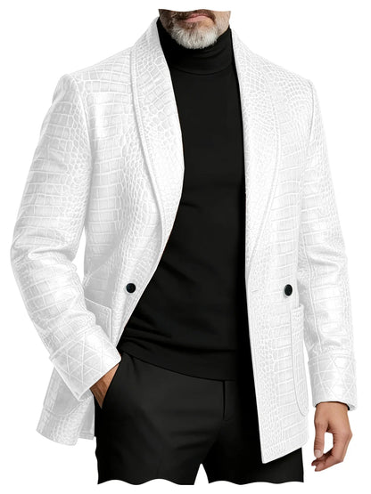 Men's Crocodile Pattern Leather Blazer 1 Button Shawl Collar Tuxedo Jacket Formal Business Wedding Coat Luxury Suit Outerwear