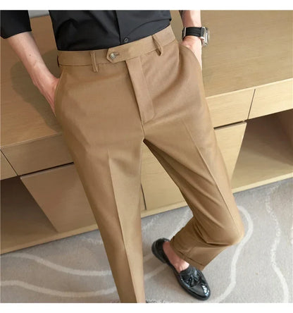 2024 New Men's Slim Fit Tapered Dress Pants Apricot Pearlescent Texture Business Casual Suit Trousers Spring Clothes