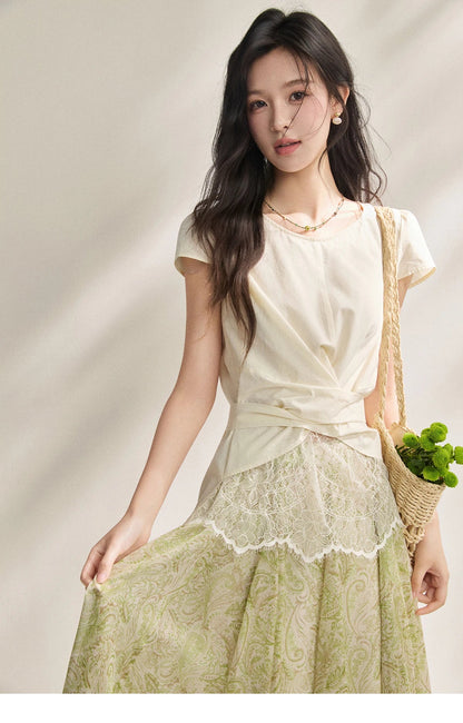 New French-style Twisted Crossover Waist-cinching Blouses Lace Patchwork Slim Fit Elegant Short Sleeve Top MXF22X2603