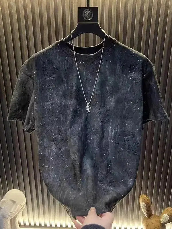 2025 Hot New Summer Men's Short-sleeved Trendy Luxury Distressed Round-neck Half-sleeve T-shirt Top