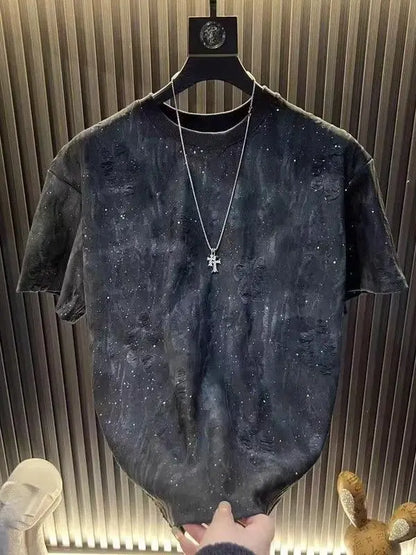 2025 Hot New Summer Men's Short-sleeved Trendy Luxury Distressed Round-neck Half-sleeve T-shirt Top