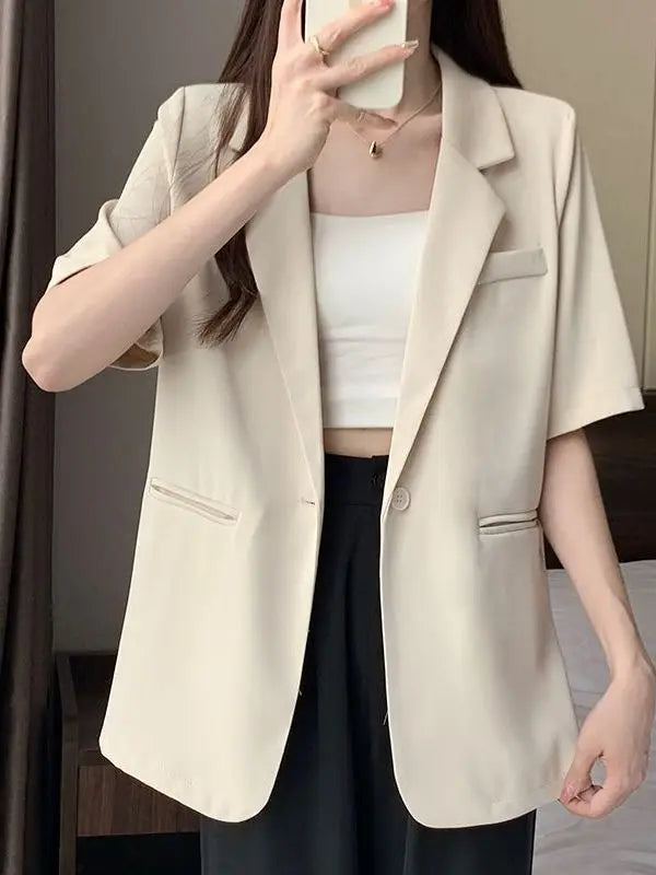 Loose Casual Thin Short Sleeve Women's Suit Jacket Summer New Style Korean Version Fashionable All-Match Lightweight Polyeste...