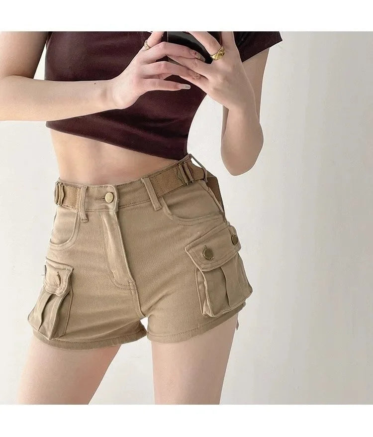 Women Military Green Denim Cargo Shorts Summer High Waisted Loose Wide Leg Y2K Hot Girl Casual Short Pants with Pockets