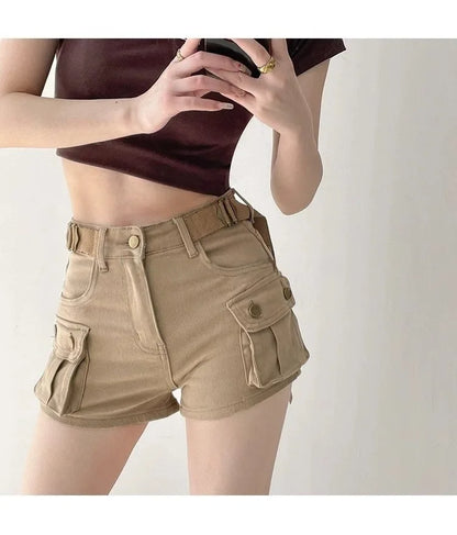 Women Military Green Denim Cargo Shorts Summer High Waisted Loose Wide Leg Y2K Hot Girl Casual Short Pants with Pockets