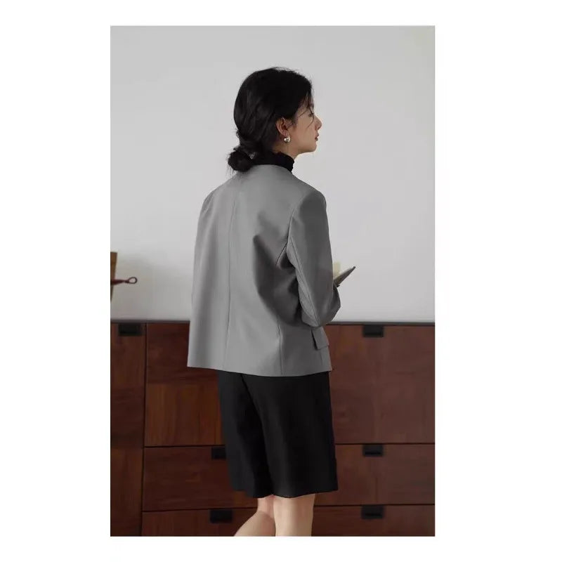 Womens Gray Collarless Blazer Cropped Open Front Suit Jacket Casual Office Outerwear