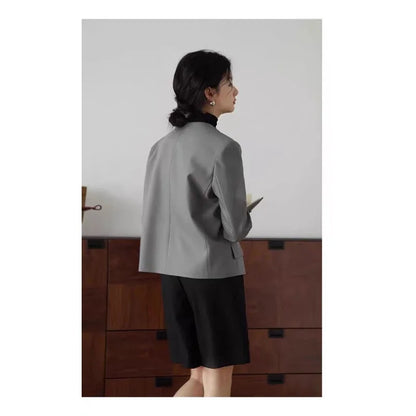 Womens Gray Collarless Blazer Cropped Open Front Suit Jacket Casual Office Outerwear