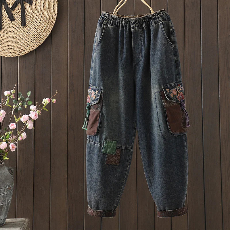 Retro Ethnic Print Patchwork Embroidered Denim Jeans Women Loose plus Size Embroidered Nine Points Harlan Pants Spring