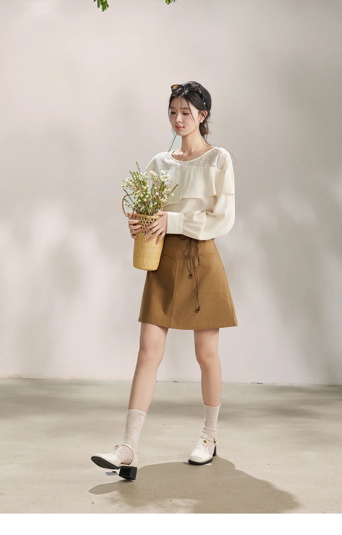 Women's Asymmetric Lace Panel Long Sleeve Blouses 2026 Spring Ruffle Layered Cew Neck Casual Loose Blouse MXF14X2545