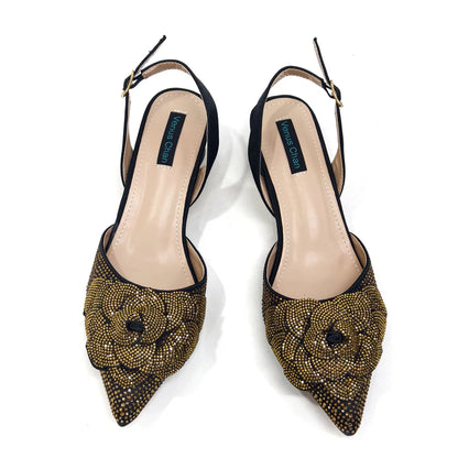 Fashion Ladies Evening Shoes And Bags Paired With Handmade Petal Wine Color Pointed Toe Mid-Heel Nigerian Women Party Shoes