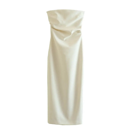 Women Fashion Summer New Sexy Split Back Zip Pleated Sleeveless Strapless Dress Chic Female French Elegant Evening