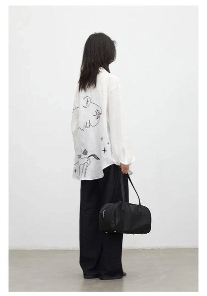 Fashion Women Shirt White Single-breasted Loose Casual Long Sleeve Pony Embroidered Female Blouses Spring Summer 2026