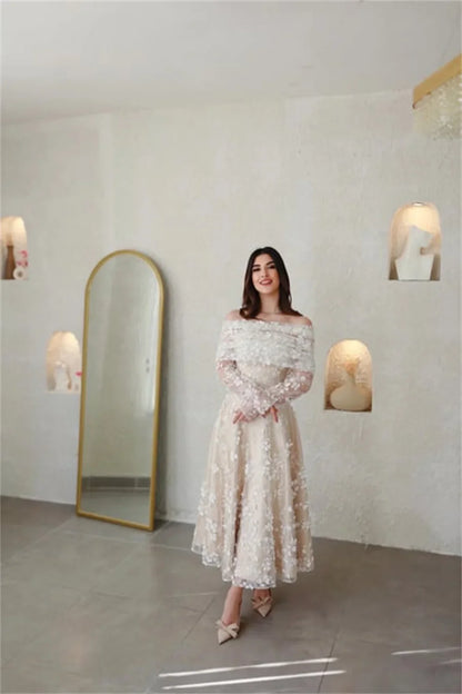 Champagn Tulle Evening dresses Off the Shoulder A-line Vestidos De Fiesta Elegant Long Sleeves Ankle-length  فساتين سهرة